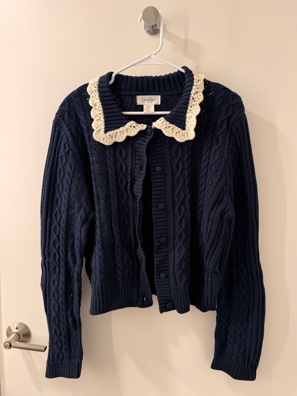 Navy Cable Knit Cardigan with Crochet Collar